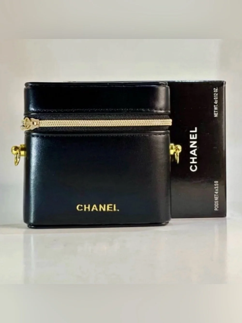 Chanel Pearl Zipper Pull Black Makeup Lipstick Case Crossbody Pouch Bag